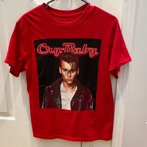 Red Graphic T-Shirt with Cry-Baby Image - Johnny Depp